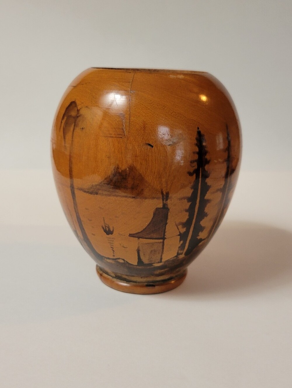 Hand Turned Wood Vase, Brown With Decorative Landscape Motif